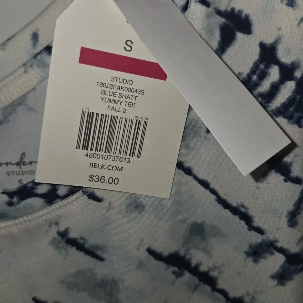 Wonderly NEW Blue & White Watercolor Tie Dye Stretch Blouse - Picture 8 of 12